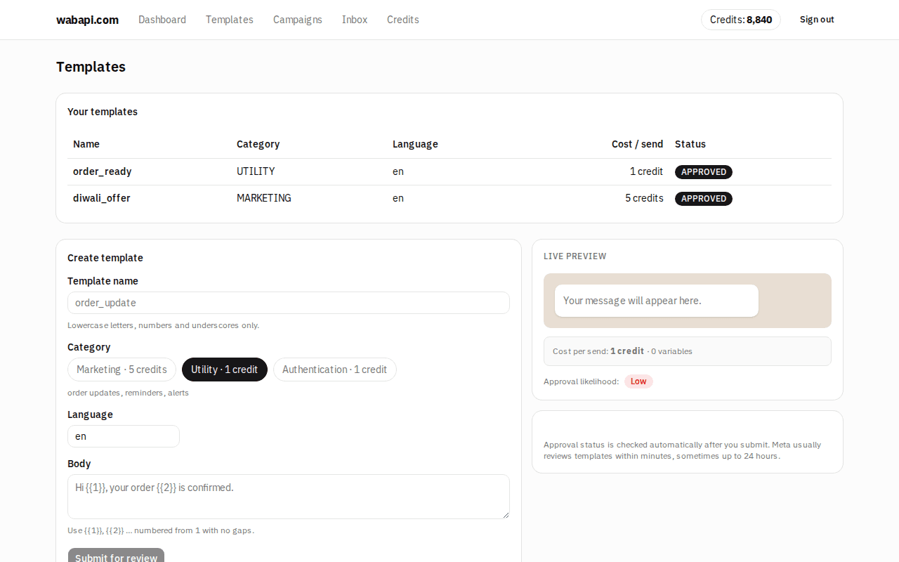 The WABAPI templates page listing approved WhatsApp message templates with their category and status.